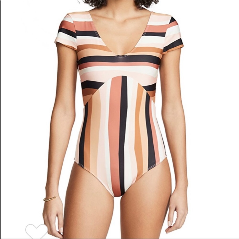 Seea Swim Striped One Piece V-Neck Short Sleeve Bathing Suit Women's Medium